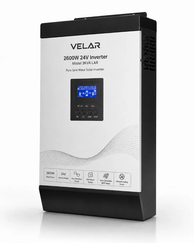 VELAR 2600W 24V Inverter with product packaging